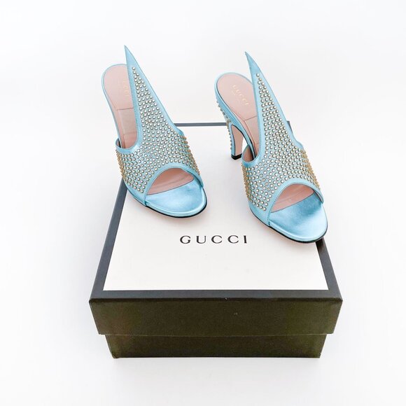 Gucci Fedra Crystal Embellished Mules EU 37 US 7 Metallic Blue High Heel Sandals - Picture 1 of 15